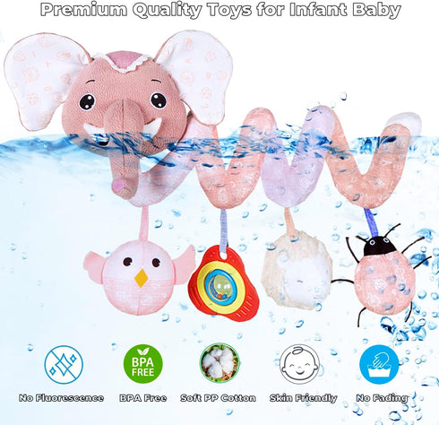 Musical Owl Rattle and Hanging Stroller Toys for Babies 0-6 Months, Pink Elephant Car Seat Toys for Newborn Girls