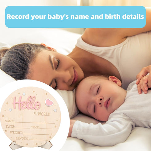 lasuroa Baby Announcement Sign, Wooden Hello World Newborn Signs Cute Welcome Baby Name Board for Boys Girls Hospital