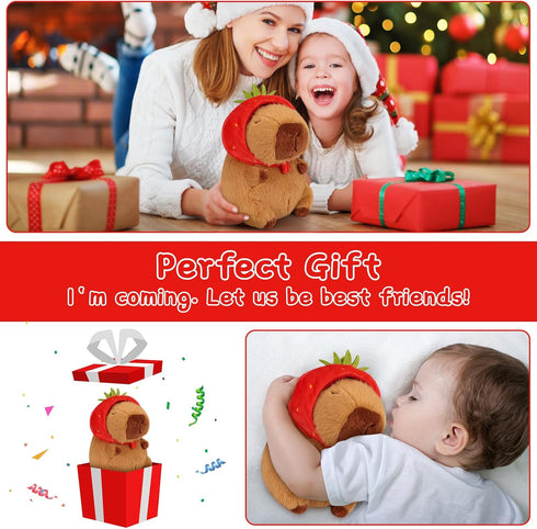 Emoin Capybara Plush Toy - 9.8 Inch Kawaii Capybara with Strawberry Hat, Soft Brown Doll Gift for Kids Adults