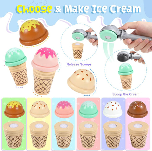 Counter Playset 3 4 5 6 7 8 Loscola Ice Cream Toy, Wooden Ice Cream Toys for Kids Toddlers, Pretend Play Kitchen Food