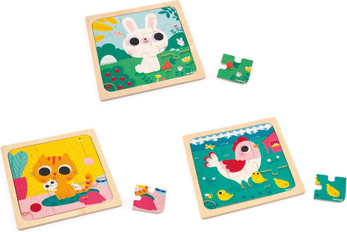 Janod 3x 9-Piece Wooden Puzzles - Hen, Cat & Rabbit Educational Toy for Children 18 Months+, J07113, Multicolor