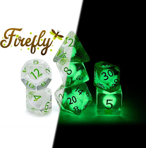 Gake Keeper Games & Dice: Firefly Dice - 7 Piece Resin Dice Set, Glow-in-The-Dark RPG Accessory
