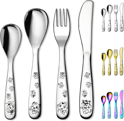 Berglander Toddler Utensils Set, 4 Pieces Stainless Steel Kids Silverware, Safe Forks and Spoons, Dishwasher Safe