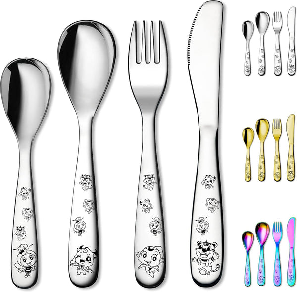 Berglander Toddler Utensils Set, 4 Pieces Stainless Steel Kids Silverware, Safe Forks and Spoons, Dishwasher Safe