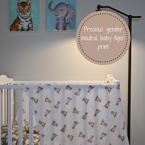 Swaddle Blanket, 100% Muslin Cotton, Gender Neutral Newborn Nursery Essentials for Boys and Girls, Tiger Cub Print