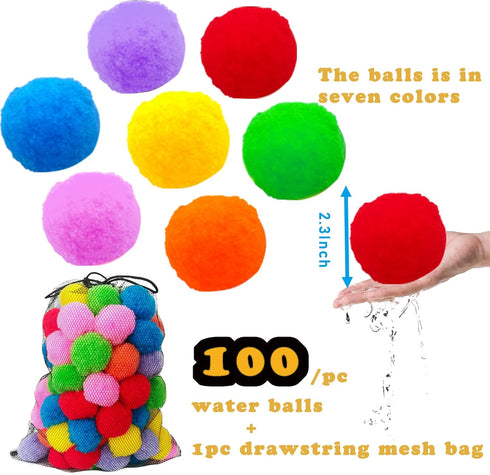 100Pcs Soft Reusable Water Splash Balls, 2.4 Inch Soaker Ball Toys for Kids, Beach Pool Games with 1 Mesh Bag