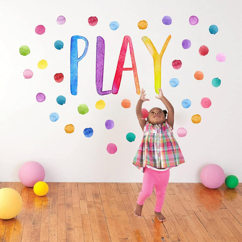 Yovkky Kids Playroom Polka Dots Wall Decals Stickers, Watercolor Play Sign Peel and Stick Neutral Nursery Preschool
