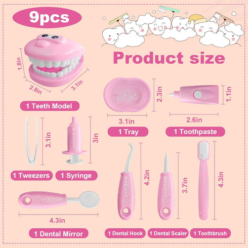 9-Piece Dental Pretend Play Set, Educational Dentist Kit with Teeth Model, Toothbrush, Dental Mirror, Syringe,