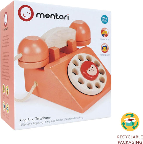 Communication 2+ Mentari Toys - Ring Ring Telephone - Solid Wood Retro Chorded Dial Phone for Toddlers - Pretend Play