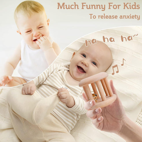 Promise Babe Infant Gym Organic Wooden Rattle, Wooden Bells Rattles for Nursing Shower Gifts, Waldorf Toys