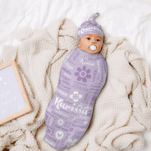 YallLocoMo Personalized Baby Swaddle Blanket for Boys Girls Purple Flower Name Text Custom Name Receiving Blanket