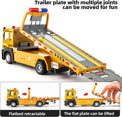 BDTCTK Friction Powered Flatbed Truck Toy with Lights and Sounds, Push and Go Construction Toy Tow Truck Great Gift
