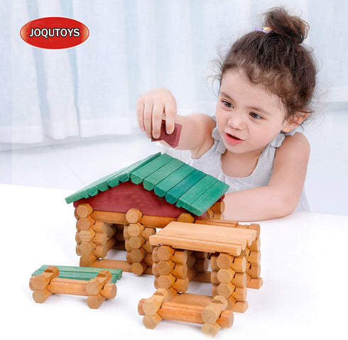 90 Set 3 4 5 6 Joqutoys Pcs Wood Building Blocks Toy for Toddlers, Classic Wooden Cabin Log Preschool Education Toy