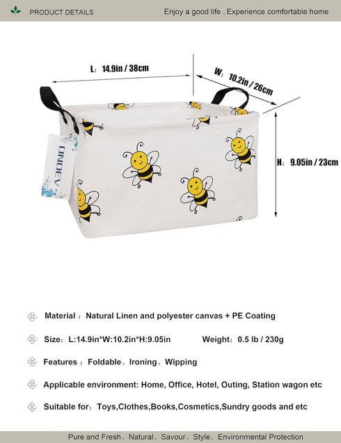 Rectangular Folding Laundry Basket, Waterproof Canvas Basket for Children's Room, Office, Clothes, Toys Storage (Bee)