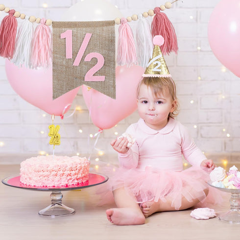 1/2 6 Silipull Birthday Supplies Includes Half Birthday High Chair Banner and Hat Gold Candle Cake Topper Months Tassel