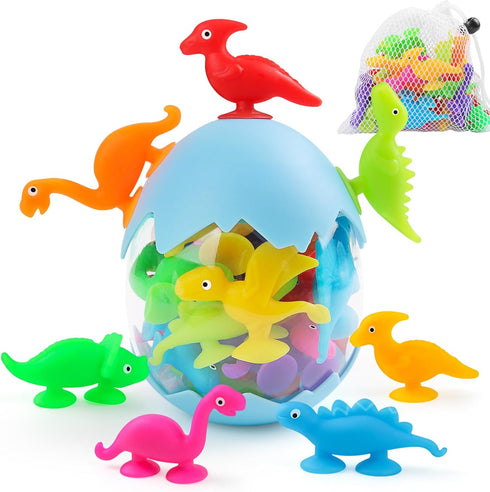 Baby Suction Cups - 16PCS Silicone Dinosaur Sucker Toys with Eggshell Storage, Sensory Bath Toys for Ages 4-8