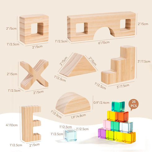 Wooden Rainbow Building Blocks Set for Kids, 22 PCS Wooden Blocks & 25 PCS Acrylic Gem Cubes, Montessori Stacking Toys