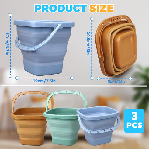 LNCOJOLM 3PCS 3L Summer Collapsible Bucket Sandbox Kit Castle Mold Building Snow Toys for Kids, Foldable Beach Bucket