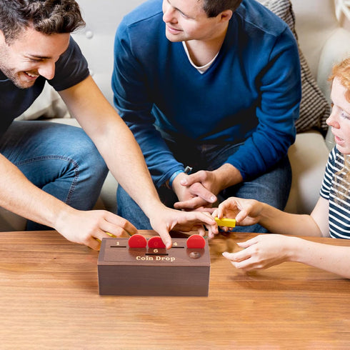 Wooden Coin Drop Game with 50 Coins, Game Box, and 1 Dice for 2-6 Players - Fun Family Board Game