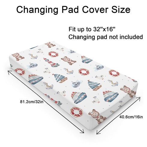 Cute Sailor Watercolor Bear Seagull Changing Pad Cover Nautical Life Ship Anchor Lighthouse Diaper Changing Pad Sheets for Boy Girl Soft Stretch Fitted Baby Change Table Pad Covers Mats 32''x16''