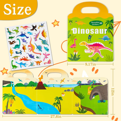 pinkking 3 4 5 Magnetic Reusable Sticker Book for Toddler, Dinosaur Activity Magnet Book for Years Boys Girls Road Trip