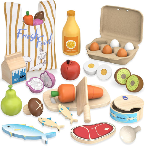 Wooden Play Food Toys for Kids - Pretend Play Kitchen Accessories Toy