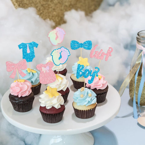 Gyufise 24 Pack Cupcake Toppers, Glitter Onesie Jumpsuit Footprint Bow Tie Picks for Baby Shower Birthday