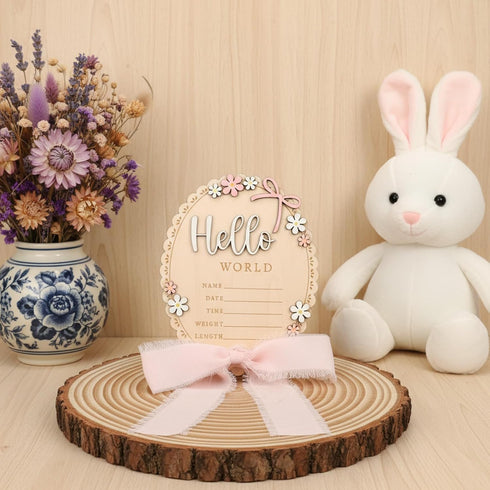 Tucnoeu Baby Announcement Sign, Wooden Hello World Newborn Welcome Sign, Bow Birth Stats Signs Newborn Photo Prop