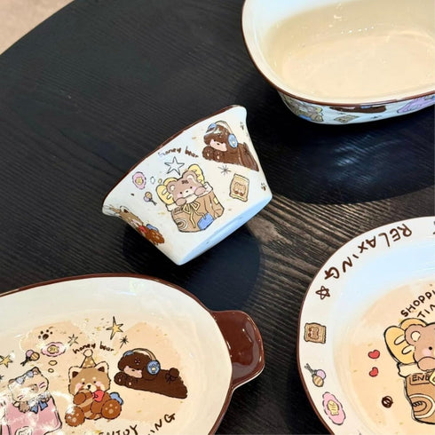 ESTINTENG -8 inch Cute cartoon bear ceramic bowl home high grid dish hand-held bathtub bowl