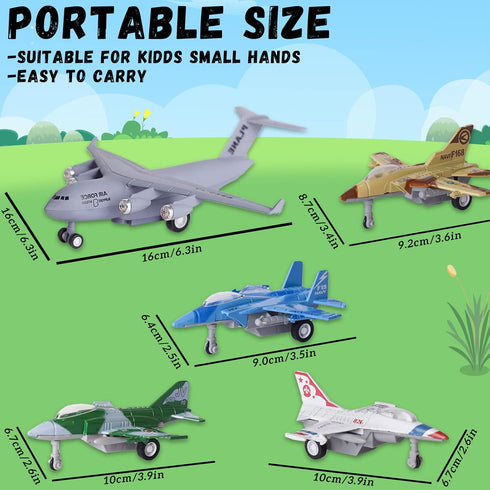 5 Pack Set 3+ Crelloci Army Airplane Toys Military Fighter Jet Die Cast Plane Metal Aircraft Toy, Pull Back Play