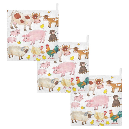 3 Pack 12 12 Inch Cow Pig Sheep Chick Burp Cloths for Boys Girls, Farmhouse Animals Muslin Washcloths, Newborn Face