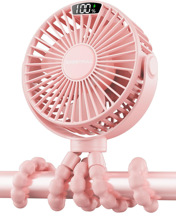SWEETFULL Portable Stroller Fan with LED Display, 4 Speed Rechargeable Mini Clip
