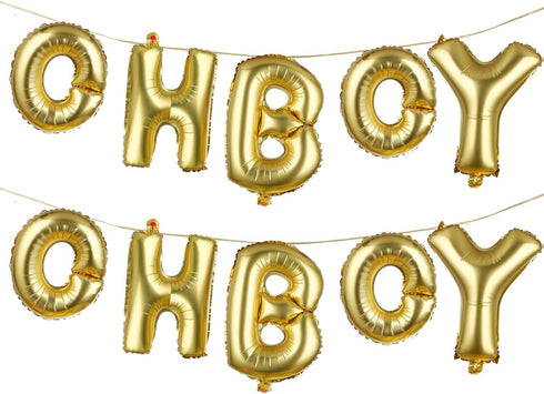 BBTO 2 Pack Oh and Boy Balloons Banners with Gold Rope for Baby Shower Birthday Party Gender Reveal
