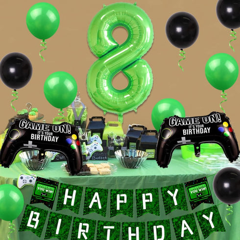 8th Birthday Decorations for Boys, Level Up Video Game Party Supplies, Green Black Balloons, Game Controller Banner