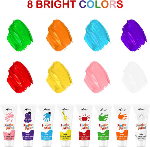 AROIC 8PCS Washable Finger Paint for Kids, Non-Toxic 8 Colors Art Supplies for Toddlers & DIY Crafts
