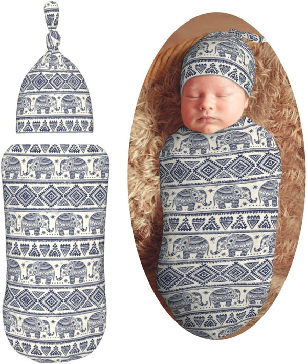 Vintage Elephant Newborn Swaddle Blanket and Hat Set, Soft Baby Receiving Blanket Swaddle Sack for Gift