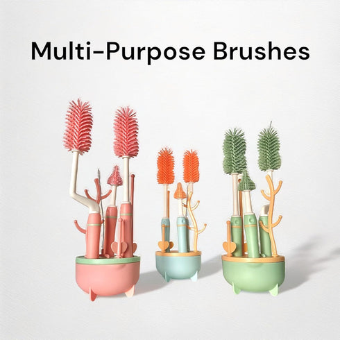 Silicone Baby Bottle Brush Set with Stand, 360° Rotating Silicone Bottle Cleaning Brush Cleaner Set of 4, Multipurpose Silicone Baby Bottle Straw Cleaner Brush (Pink) by Generic