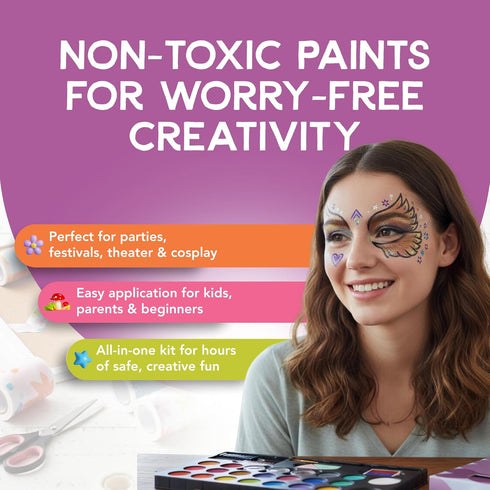 24 Incraftables Non-Toxic Water-Based Face Paint Kit Colors with Brushes, Stencils & Glitter for DIY Art, Cosplay