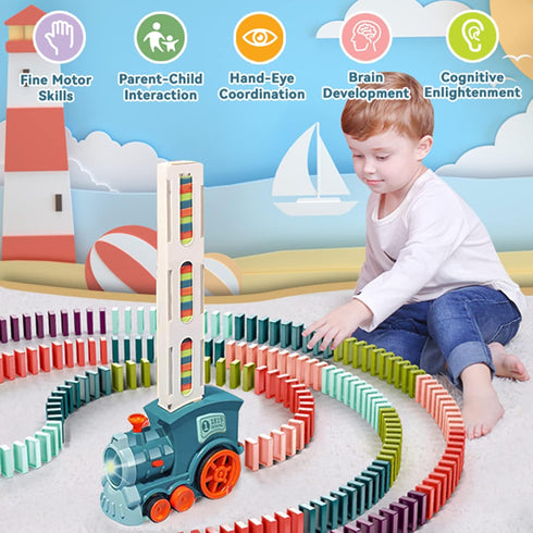 Set 3 4 5 6 7 8 Domino Train Toy for Kids, Automatic Dominoes Blocks Building and Stacking Toys Creative Kids Games