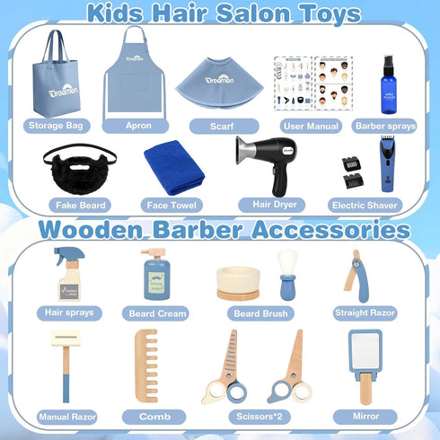 Set, Barber Shop Pretend Play Kids Shaving Kit Wooden Hair Salon Toys for Boys with Wearable Beard, Electric Shaver