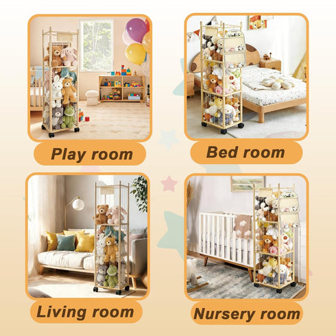 Thick&Thin Stuffed Animal Storage & Organizer, Wooden Zoo Toy Holder with Net, Large Plushies Storage with Wheels