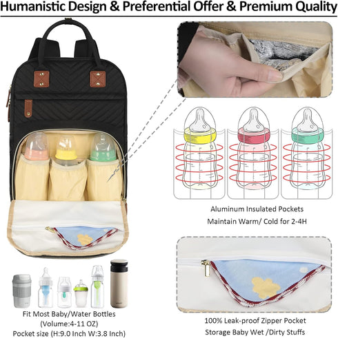 Diaper Bag Backpack for Women Large Capacity with Insulated Pockets Multifunctional Diaper Bags For Baby Girl Boy Waterproof Baby Bags For Mama Maternity Travel Bag Black