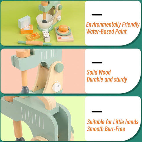MIKNEKE Set Wooden Blender Toys Play for Kids, Cookies Bake Mixer Toy, Montessori Pretend Play Food Kitchen Accessories