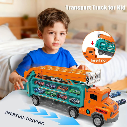 2-Layer Playset 25" 6 3-8 Carrier Truck Transport Toy, Foldable Car Race Track with Track & Metal Cars, Birthday Gift