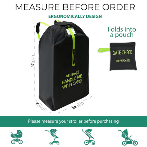 47" 24" 15" reperkid Large Stroller Bag for Airplane Travel, Black & Green, H x W x D, Fits Most Large, Single, Double