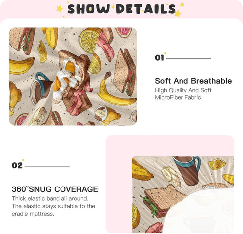 Pigsaly 27x39 Inch Crib Sheets Grunge Fruits Coffee Eggs Bacon Baby Sheet for Standard Crib Mattress Boys Girls Toddler