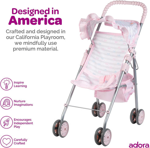 3+ Adora Baby Doll Stroller with Umbrella Shade & Ruffle Trim, Adjustable Sun Cover and Doll Accessory Storage
