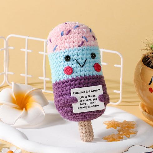 Funny Positive Ice Lolly, Crochet Ice Cream Cute Knitted Toy with Encouraging Card, Handmade Positive Gift