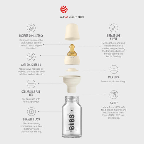 BIBS Baby Glass Bottle Complete Set 110 ml | BPA Free Natural Rubber | Made in Denmark | Ivory