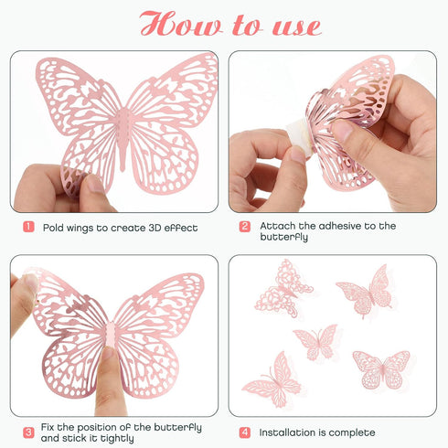 3D 3 4 48Pcs) Pink Butterfly Wall Decor Sizes Styles Butterfly Party Decorations Cake Decorations Removable Stickers